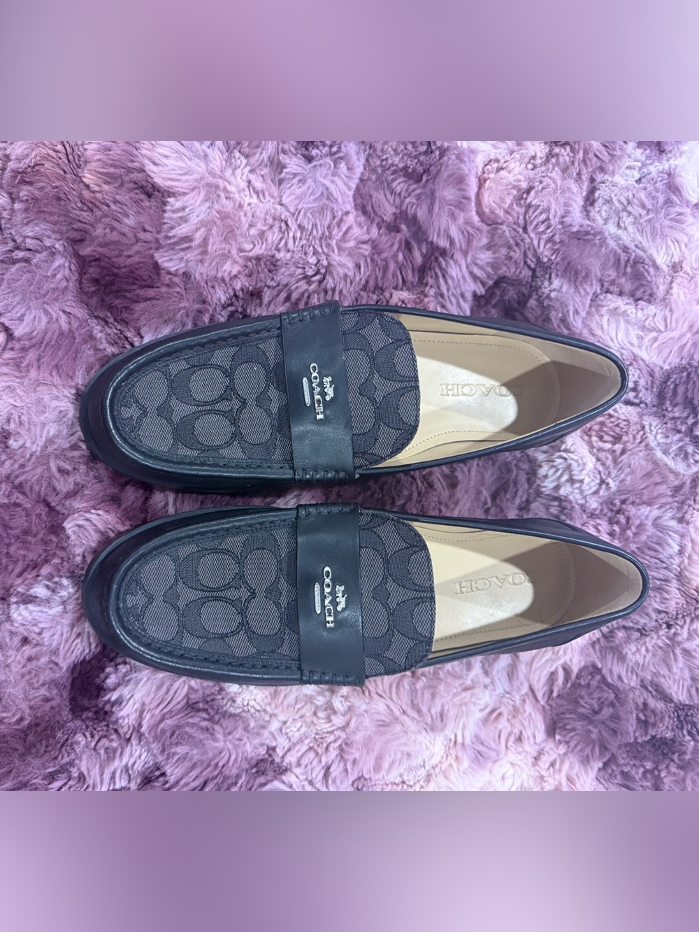 Coach Janie loafers in the brand's signature jacquard pattern w leather strap